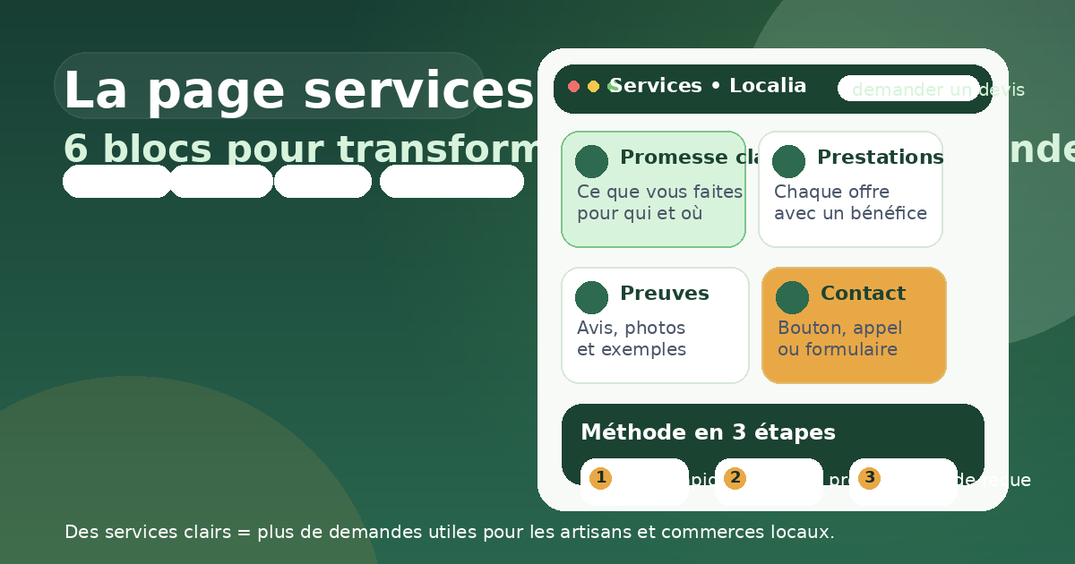 Maquette d'une page services locale avec prestations, preuves, FAQ et appel à devis