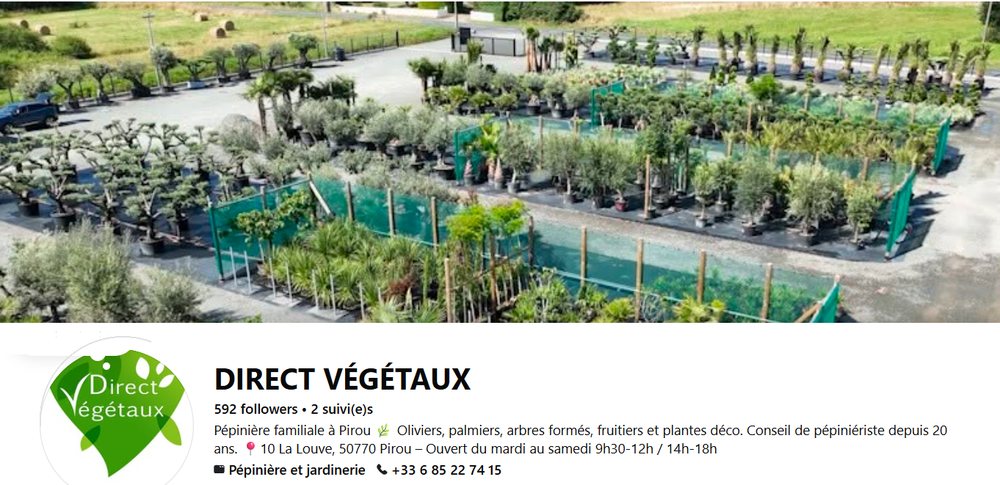 Page Facebook de Direct Végétaux, pépinière à Pirou : la pépinière vue du ciel en photo de couverture, avec le logo et la présentation de l'entreprise